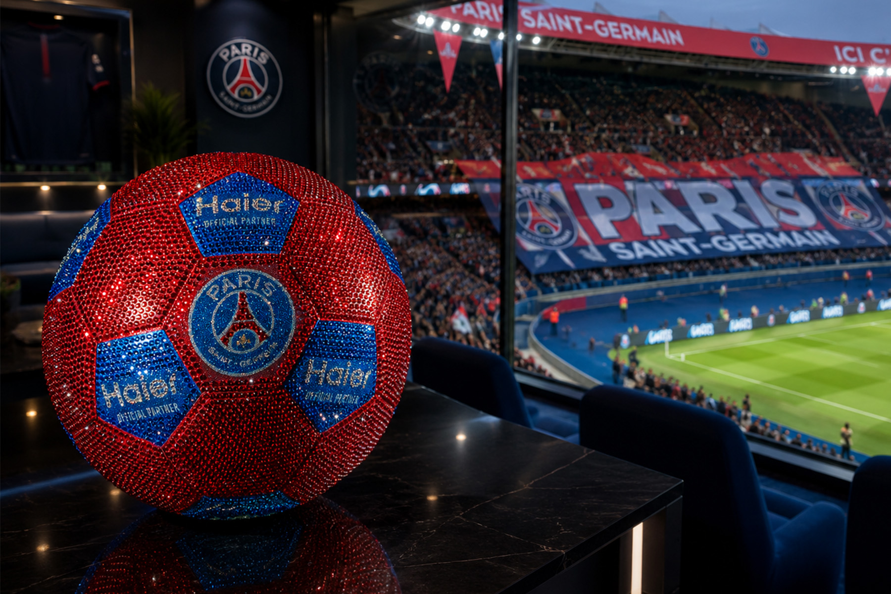 Luxury football covered with Swarovski crystals, featuring Haier branding and the PSG emblem in the stadium.